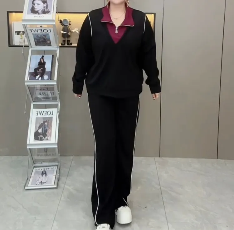 大码新款连帽撞色明线条半拉链显瘦百搭休闲套装（上衣+裤子）