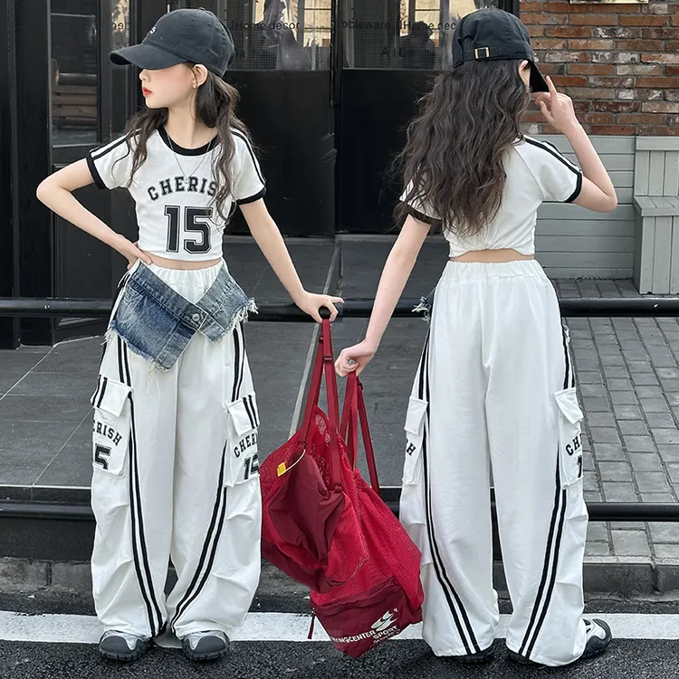 女童短袖t恤2025夏季新款儿童潮搭洋气爵士街舞时髦工装裤两件套