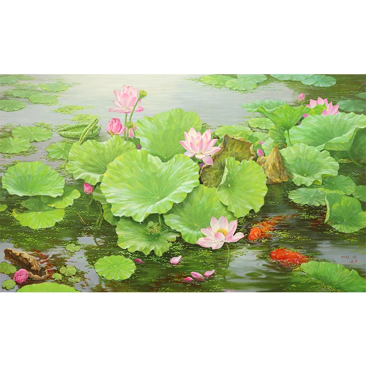 朝鲜风景装饰画 一级艺术家尹恩珠 荷塘 装饰画家居饰品