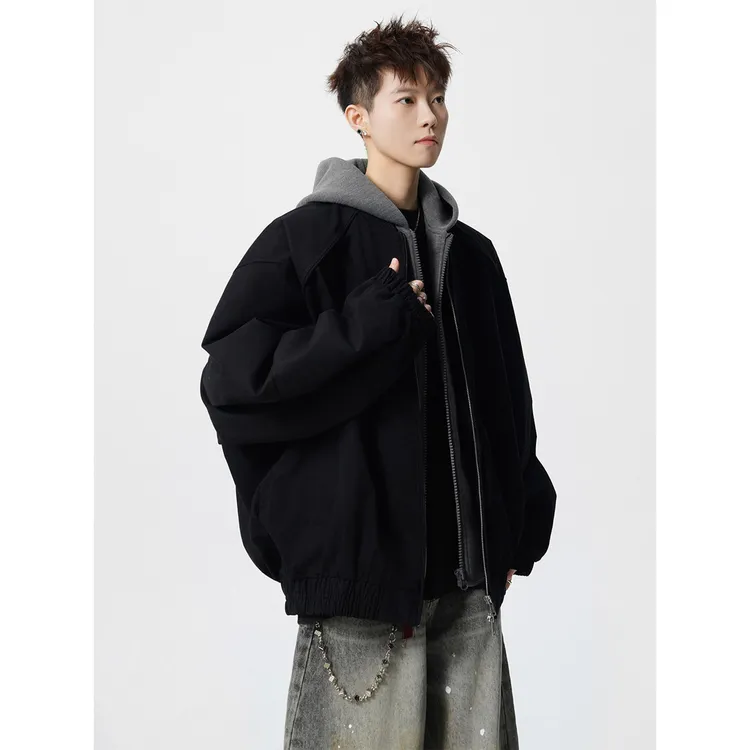 假两件撞色连帽外套男秋冬新款美式潮流休闲黑色飞行夹克棉服
