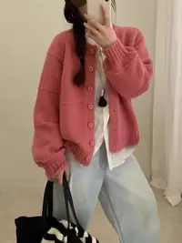 韩系纯色圆领线条设计感短款针织开衫女秋冬宽松小个子毛衣外套