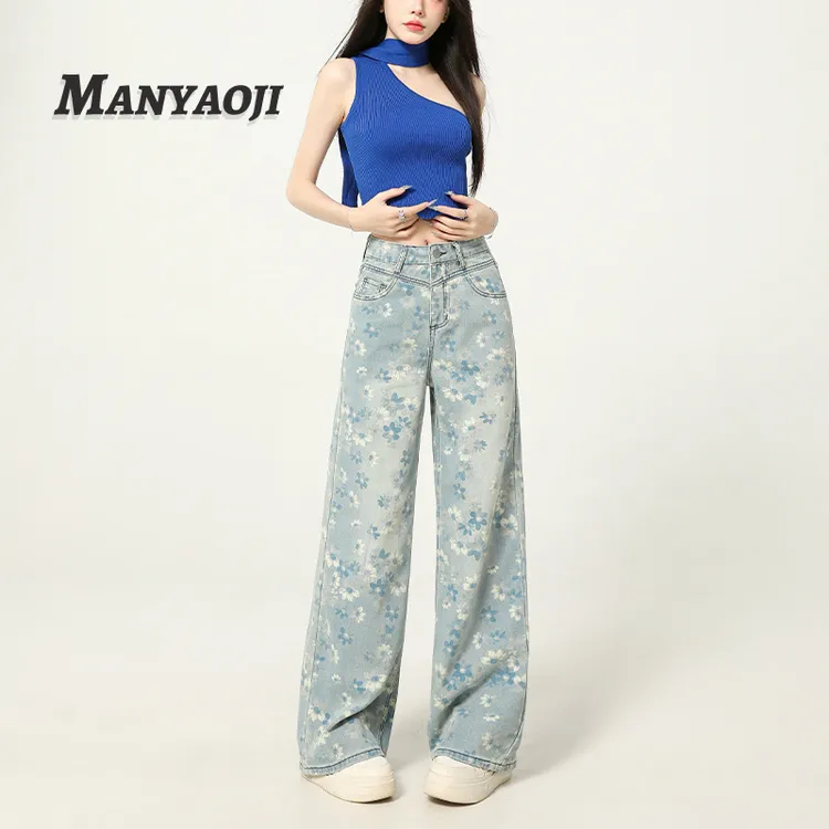 蓝碎花油画印花阔腿牛仔裤女2025年秋季新款高腰宽松显瘦拖地长裤