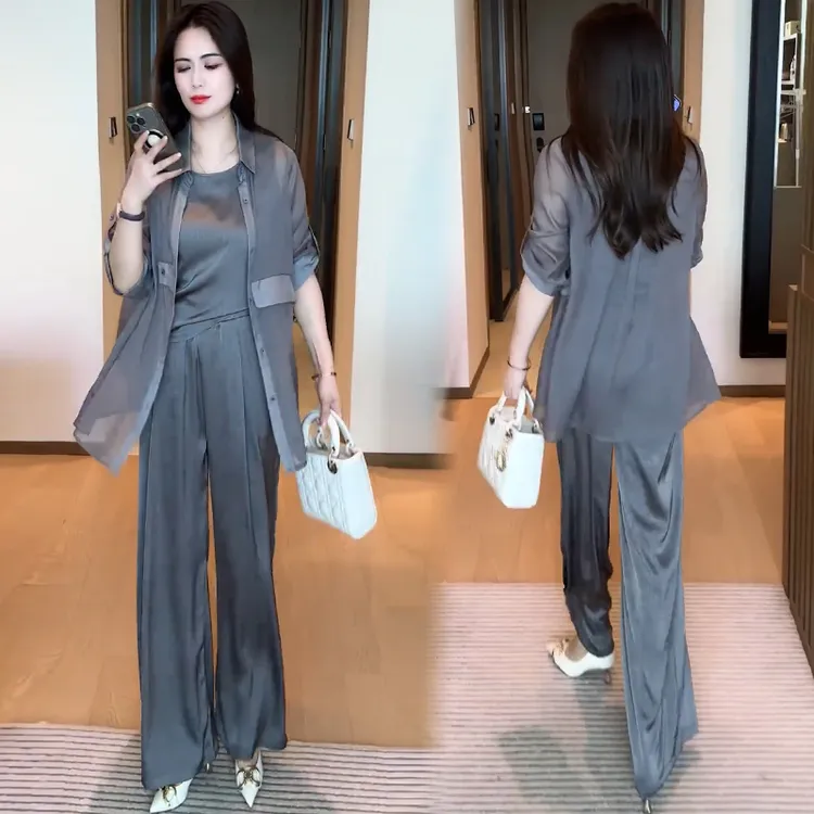 时尚套装女2025夏季新款洋气宽松显瘦中长款外披背心阔腿裤三件套