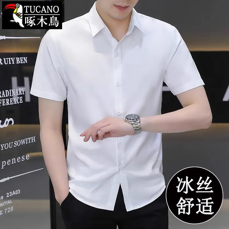 啄木鳥 夏季男士短袖衬衫纯色冰丝免烫上衣薄款青年商务休闲衬衣