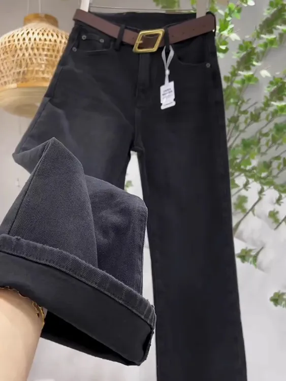 高腰大码直筒牛仔裤女2025秋冬加绒阔腿胖妹妹宽松显瘦垂感拖地裤