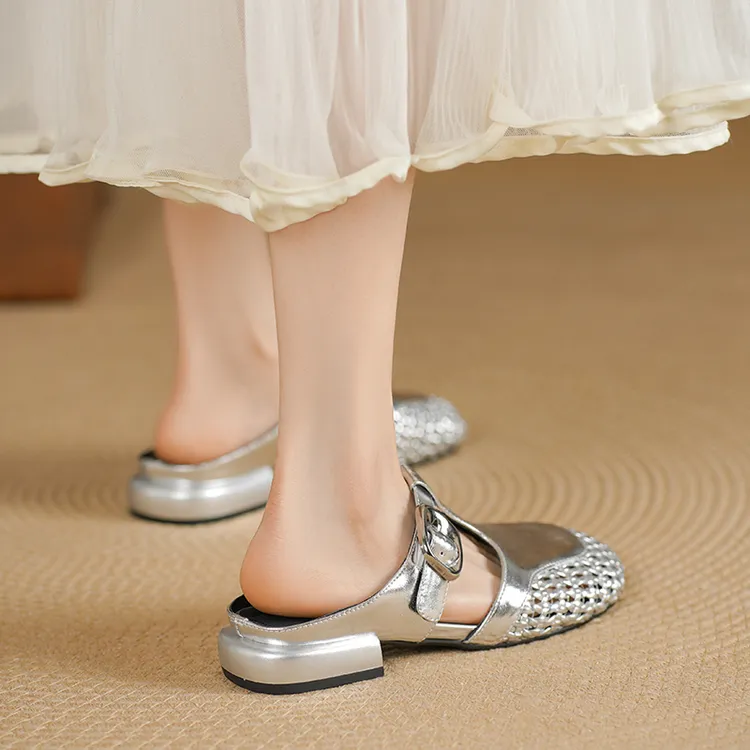 2.5cm~夏季新款包头凉拖鞋女法式懒人外穿穆勒鞋镂空编织半拖鞋女