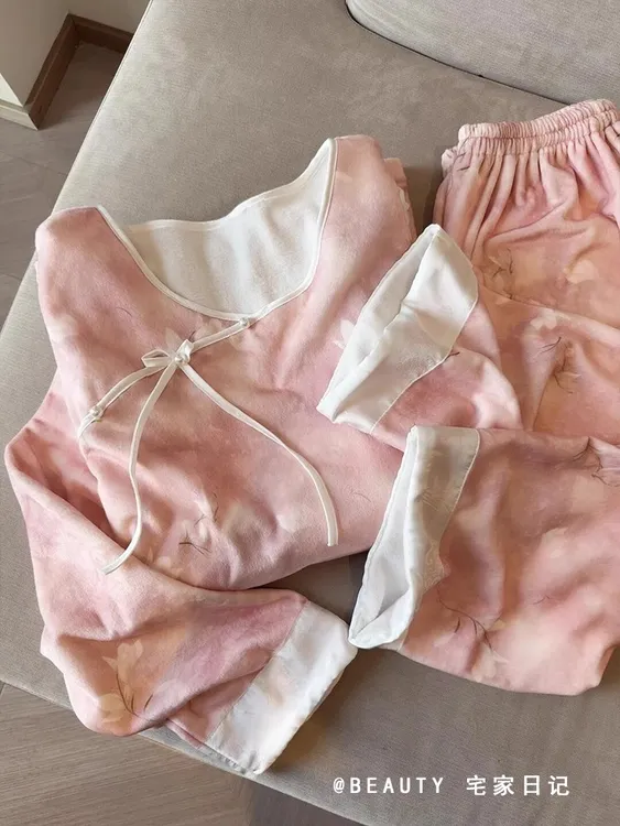 【粉色新中式】印花德绒睡衣女2025冬新款国风钉珠长袖家居服两件套