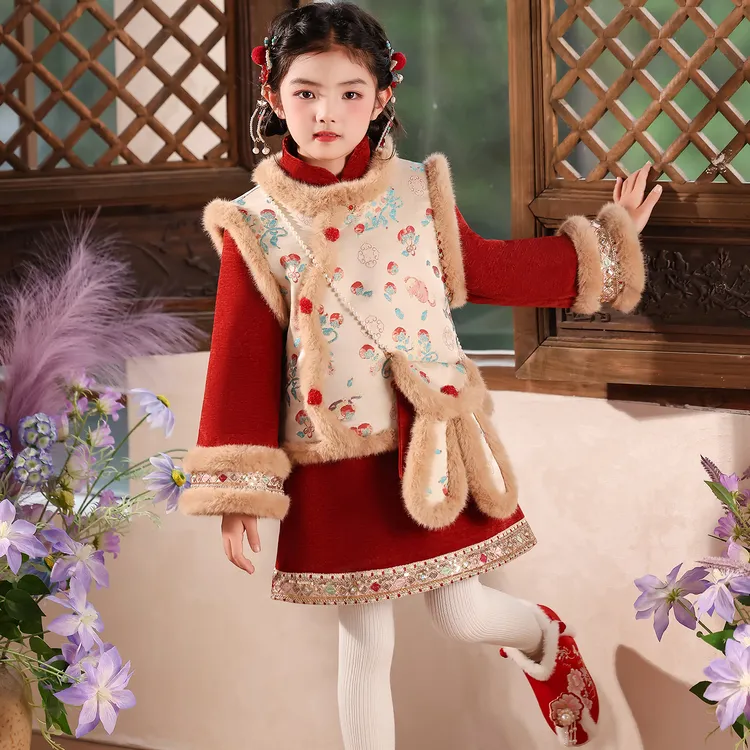 汉服女童旗袍套装裙2025新款小女孩中国风加绒冬季儿童唐装拜年服
