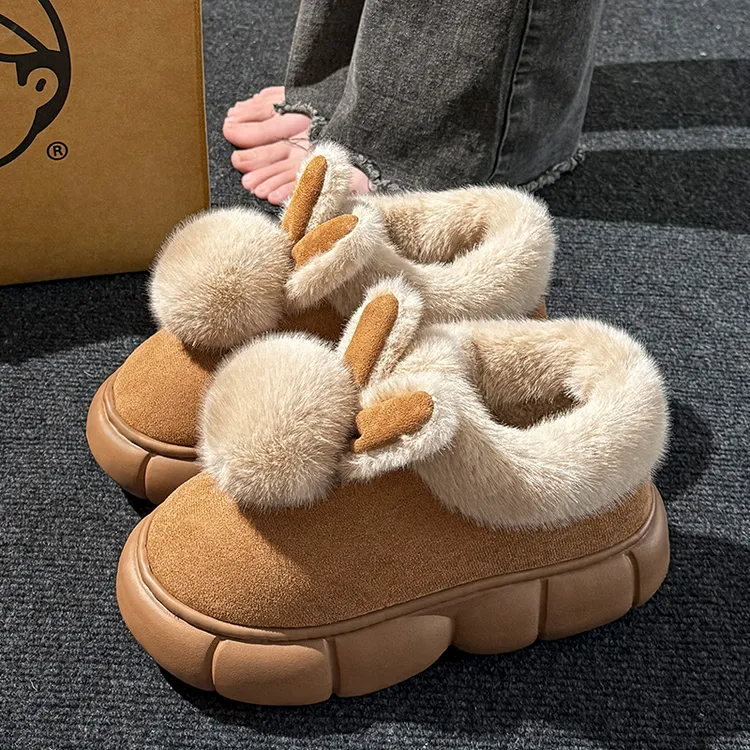 洋山公羊可爱毛毛绒棉拖鞋女秋冬季居家外穿厚底防滑加绒保暖棉鞋