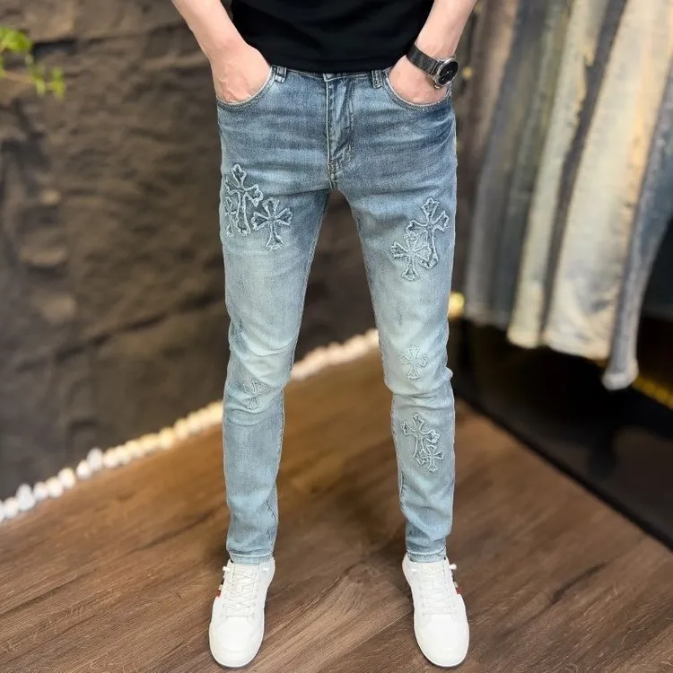 秋季新款男士刺绣牛仔裤复古补丁水洗百搭修身弹力潮流小脚长裤子