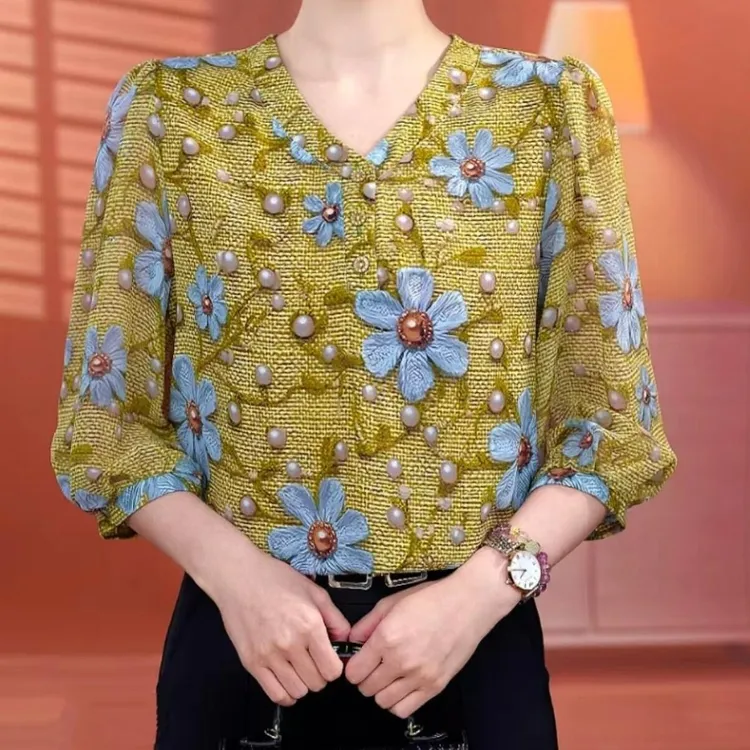 【洒银工艺】夏天冰丝雪纺衬衫洋气妈妈装显瘦宽松透气七分袖上衣