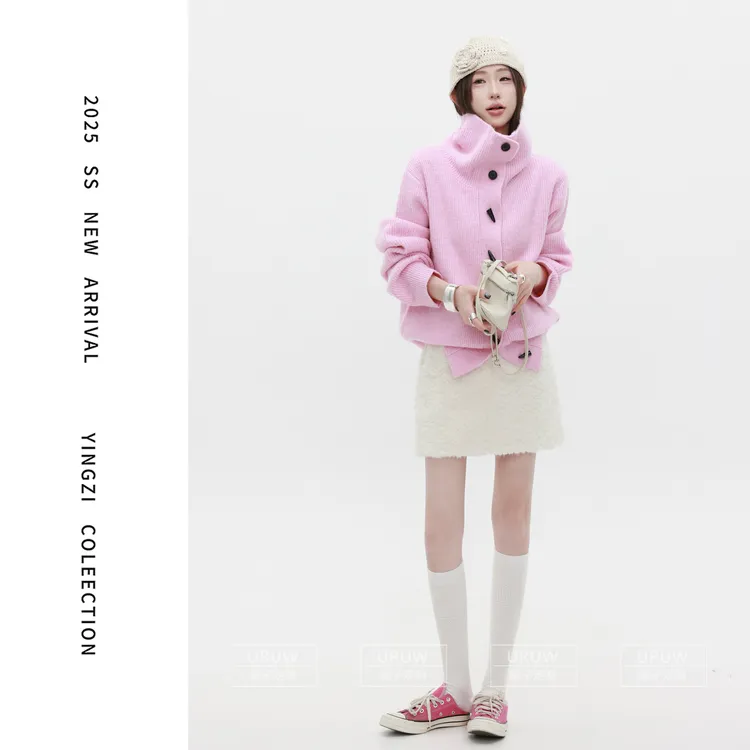 颖子定制【松弛有度】冬季复古牛角扣翻领毛衣开衫宽松慵懒毛衣2108