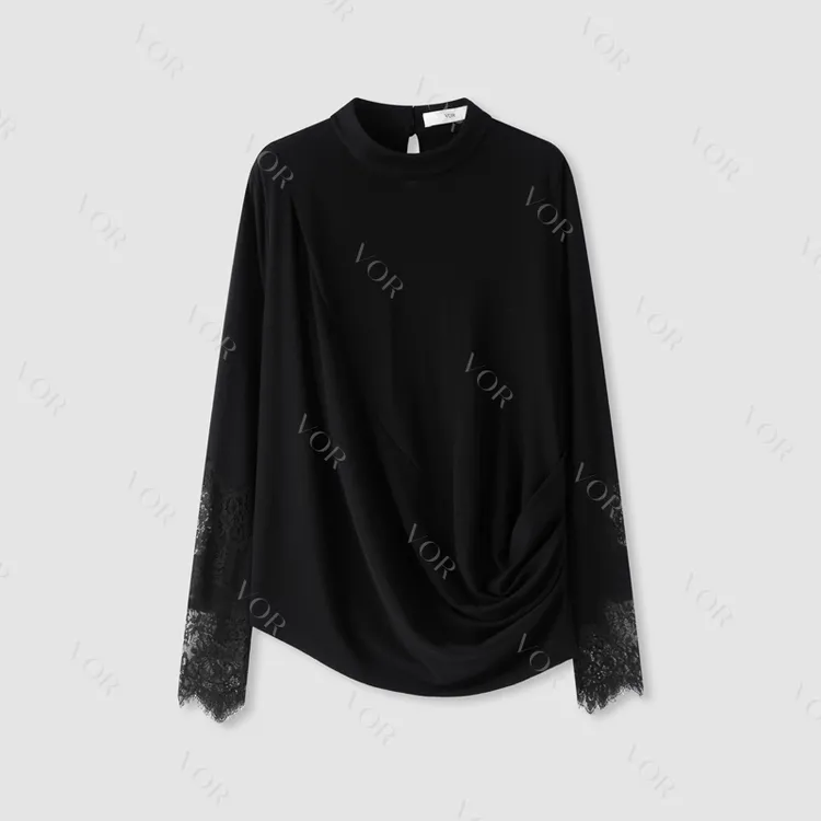 【冬姐自主品牌】VOR 100%绵羊毛 袖口蕾丝拼接显瘦上衣 V25300104