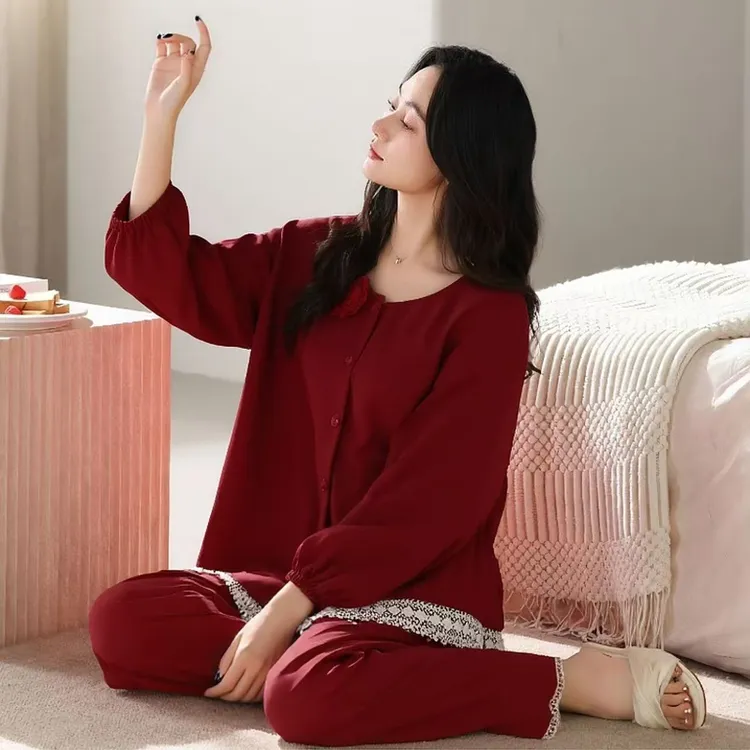 睡衣女士春秋纯棉长袖简约高级花边宽松大码本命年红色蛇年家居服