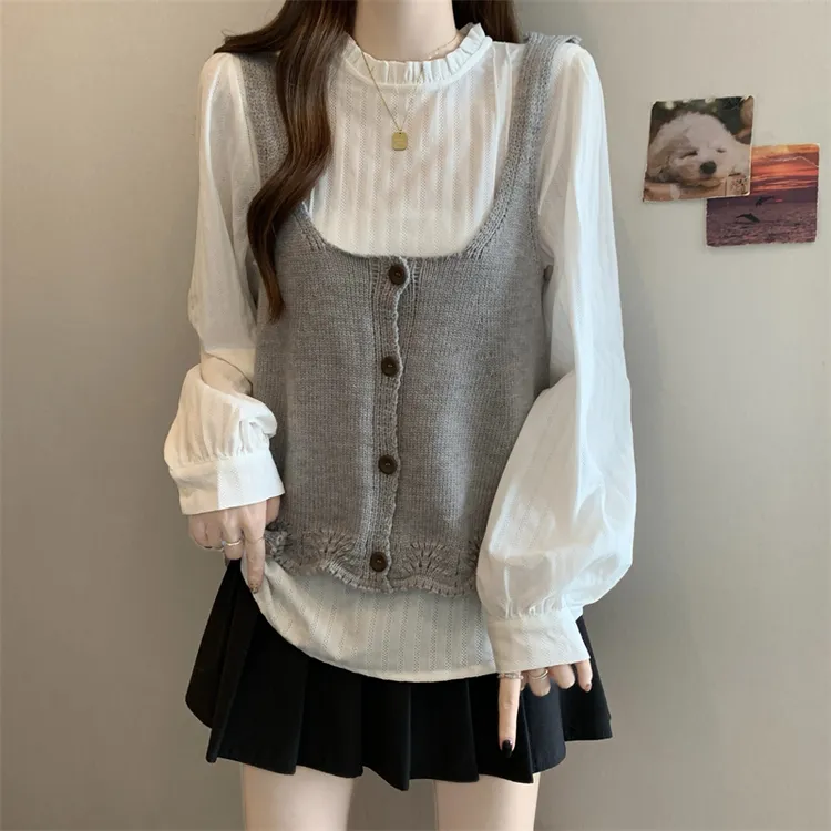 时尚气质大码胖mm新款减龄叠穿针织背心木耳边两件套遮肉显瘦衬衫