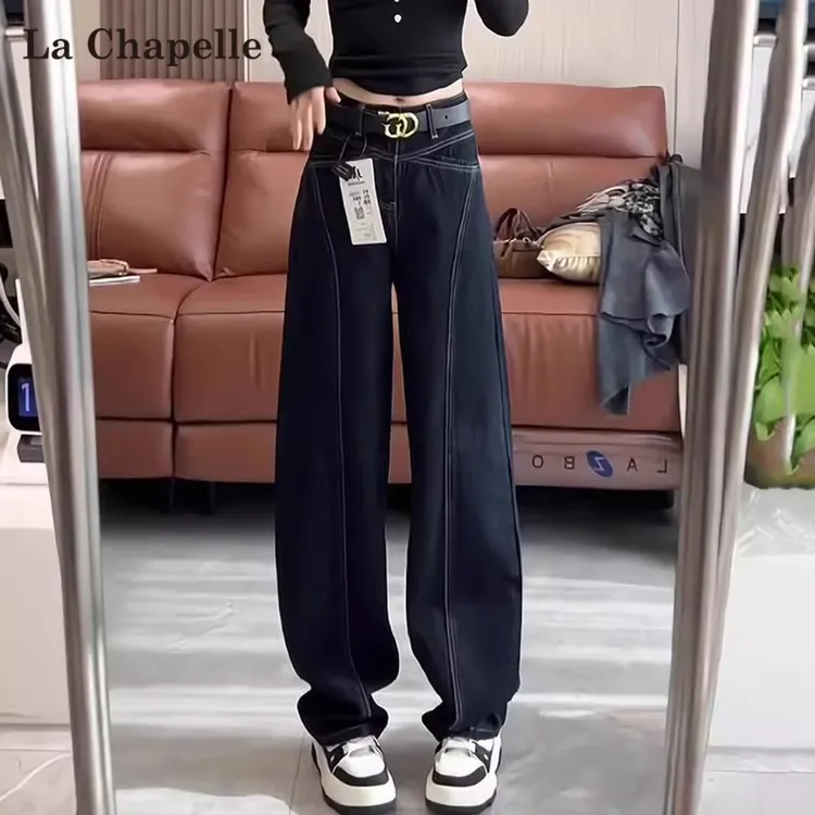 拉夏贝尔深蓝色直筒牛仔裤女秋冬加绒高腰显瘦梨形身材宽松弯刀裤