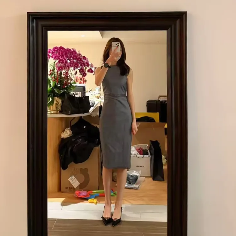 ROMI STUDIO“通勤休闲”羊毛船型领无袖连衣裙包臀裙RWDRLG3140