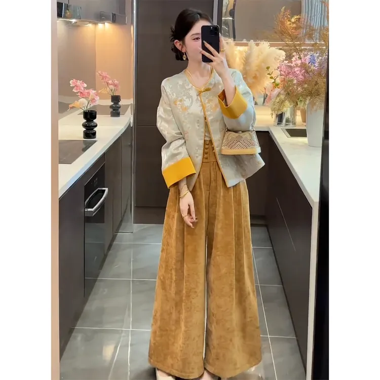 新中式轻国风复古套装女穿搭一整套提花外套时尚高腰休闲裤两件套