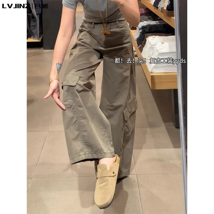 军绿色弯刀工装裤女秋2025新款小个子美式复古宽松显瘦休闲阔腿裤