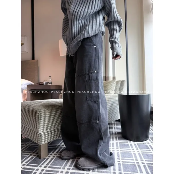 『PEACHZHOU』水洗做旧工装口袋宽松系扣牛仔裤美式复古休闲阔腿裤
