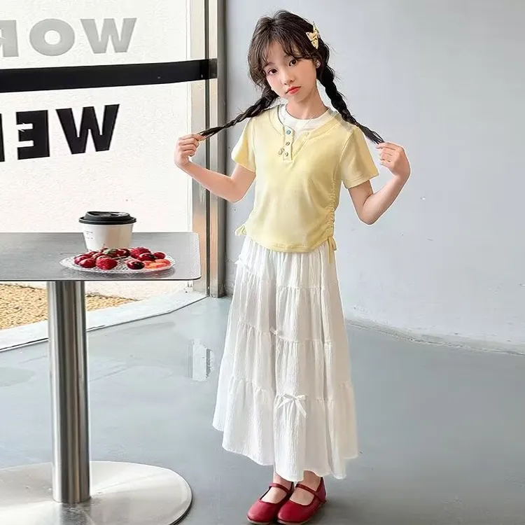 女童夏装套装裙甜美夏季新款中大童短袖T恤蛋糕裙儿童服装两件套