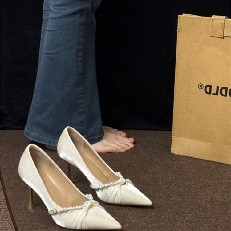 配裙子高跟鞋女白色名媛风细跟珍珠禾秀主婚纱两穿伴娘新娘订婚鞋