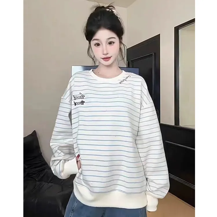 韩系刺绣腊肠小狗条纹长袖卫衣女秋冬季宽松学生减龄百搭可爱上衣
