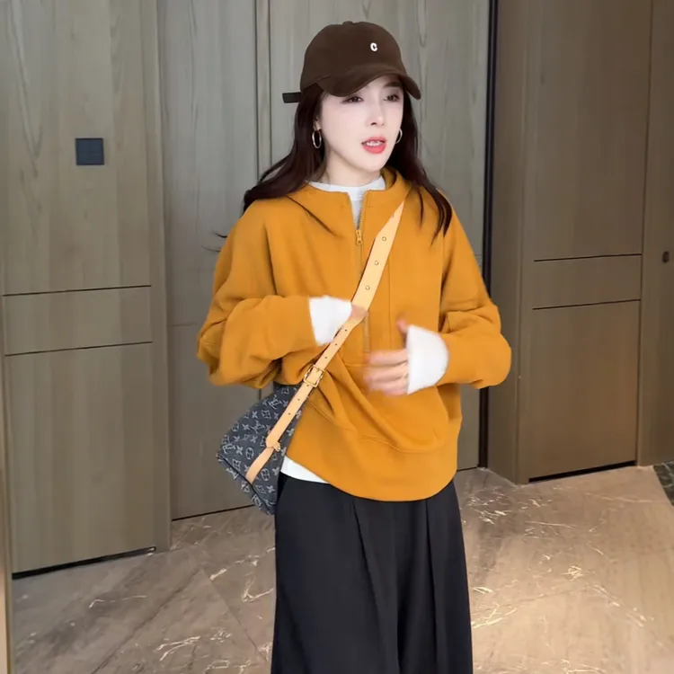 爆款时尚连帽半拉链卫衣短外套女2025年秋季流行洋气宽松显瘦上衣