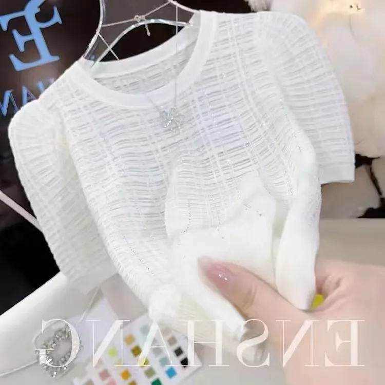 烫钻镂空泡泡袖圆领针织衫女2023夏季微透薄款设计感小众短款上衣
