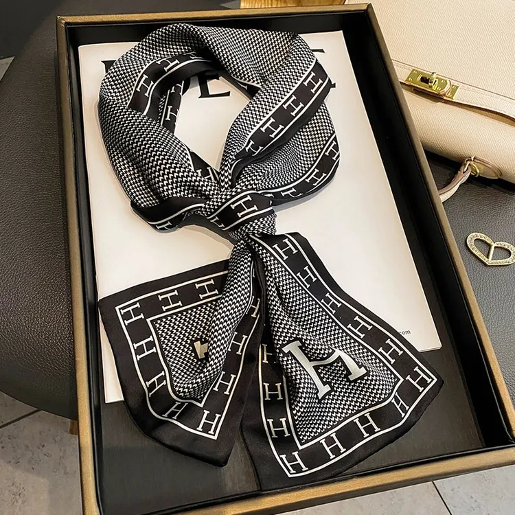 新款韩版小H字母细窄长条丝巾时尚洋气小领巾法式发带飘带绑包