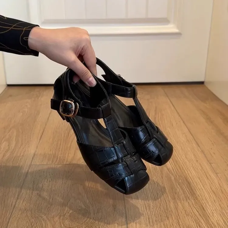 羊皮版~复古编织猪笼鞋女百搭真皮镂空透气凉鞋复古包头镂空凉鞋