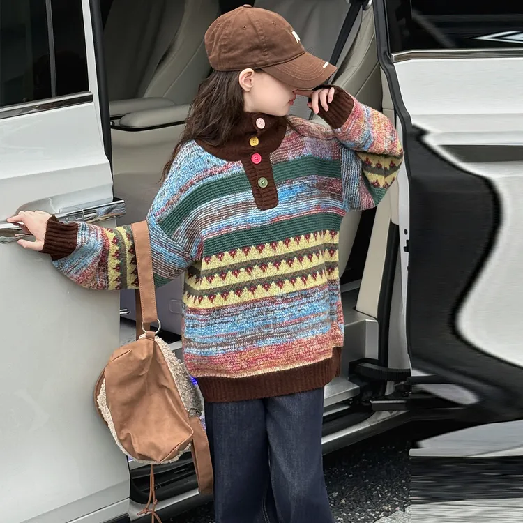 女童毛衣秋季2025新款儿童宽松慵懒风针织衫女孩大童彩虹条纹上衣