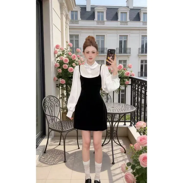 曼曼【雪野一梦】吊带丝绒连衣裙+灯笼袖缎面衬衫汉服