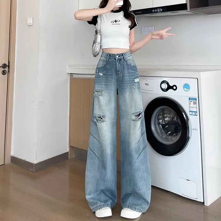 破洞阔腿牛仔裤女2025年春秋新款薄款爆款垂感直筒拖地裤子女款