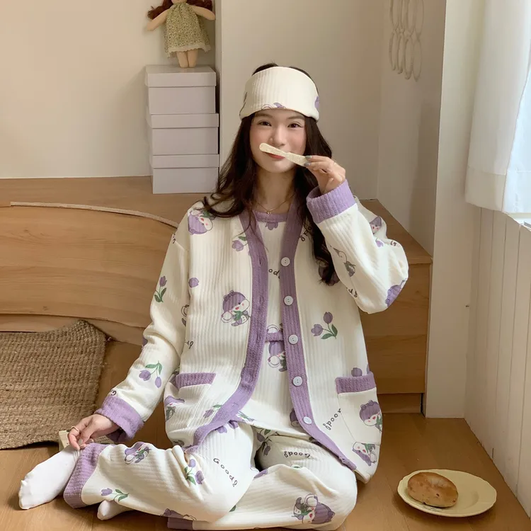 秋冬月子服大码空气棉带胸垫孕妇怀孕期睡衣产妇哺乳家居服三件套