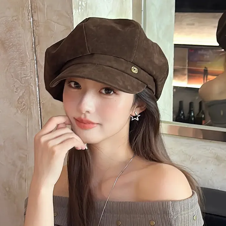 帽子女秋冬新款美式复古麂皮绒八角帽大头围韩版百搭显脸小贝雷帽