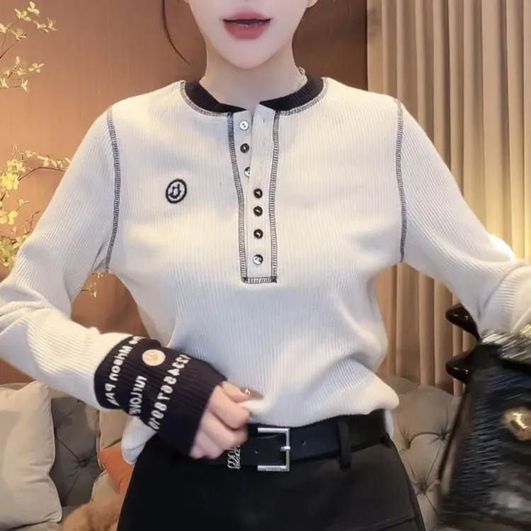 撞色字母半开领针织衫女2024新款秋冬打底衫休闲百搭显瘦长袖上衣