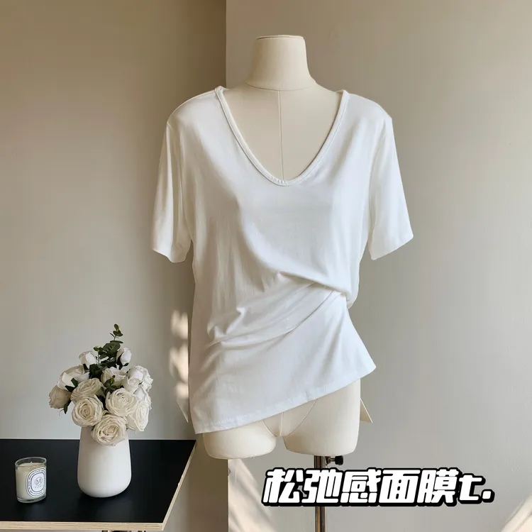 面膜T中长款冰丝短袖基础款百搭T恤女大V领宽松显瘦薄款纯色上衣