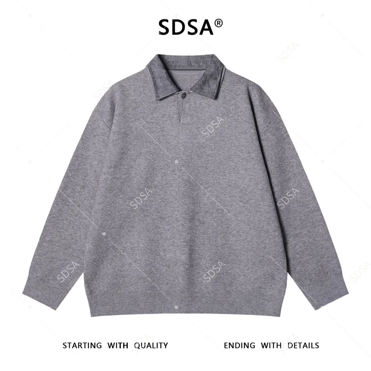 SDSA秋冬新款痞帅男装慵懒风撞色拼接polo领假两件毛衣百搭针织衫