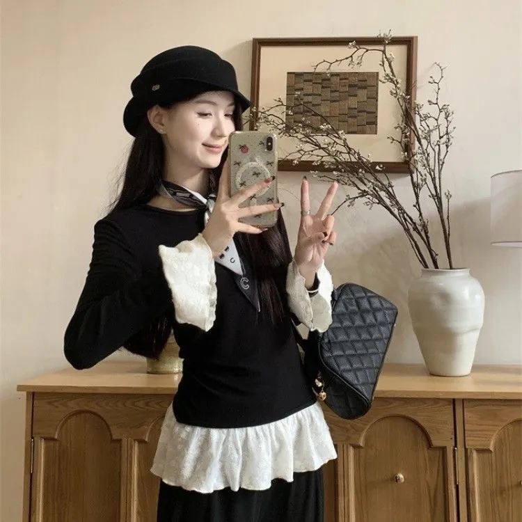 韩系复古假两件蕾丝拼接长袖恤女秋季小众修身内搭打底洋气上衣