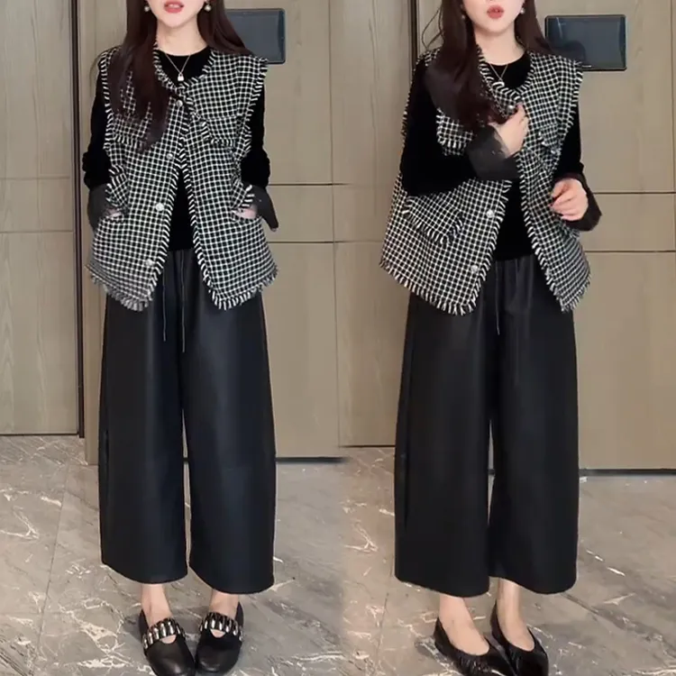 网红洋气炸街套装女春秋季新款格纹马甲外套丝绒打底阔腿裤三件套