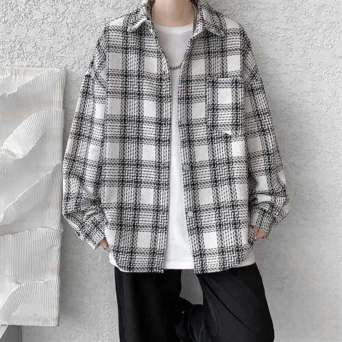 外套男生穿搭ins春秋韩版男士推荐大码感千鸟格闲情侣复古翻领夹