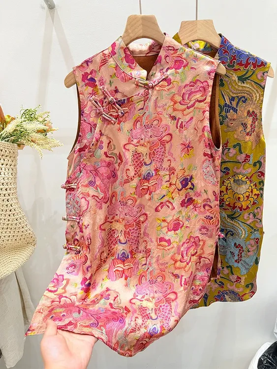 2025新中式国风旗袍女人提花气质无袖上衣中长款胖妹妹大码