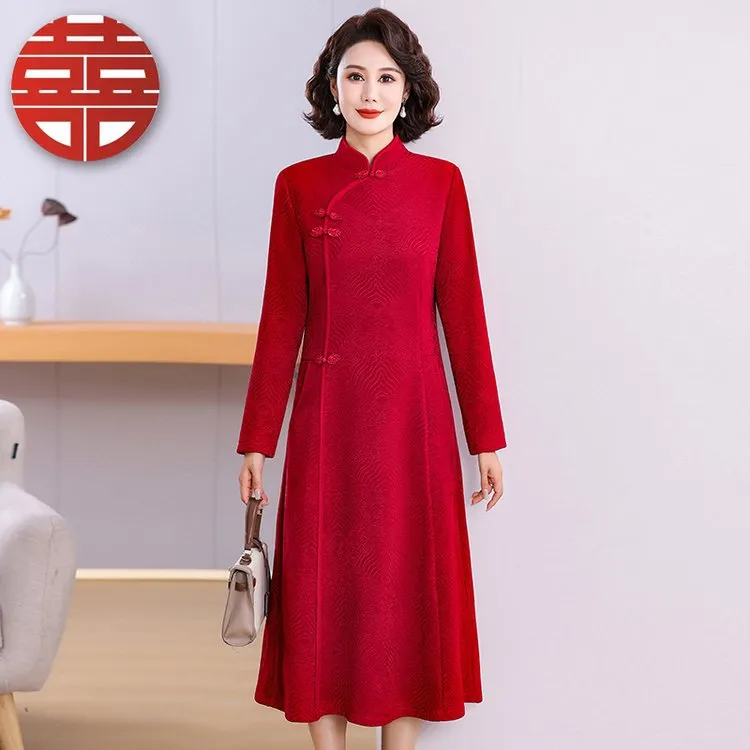 大码妈妈春秋装改良旗袍连衣裙中老年女装高贵气质中长款洋气裙子