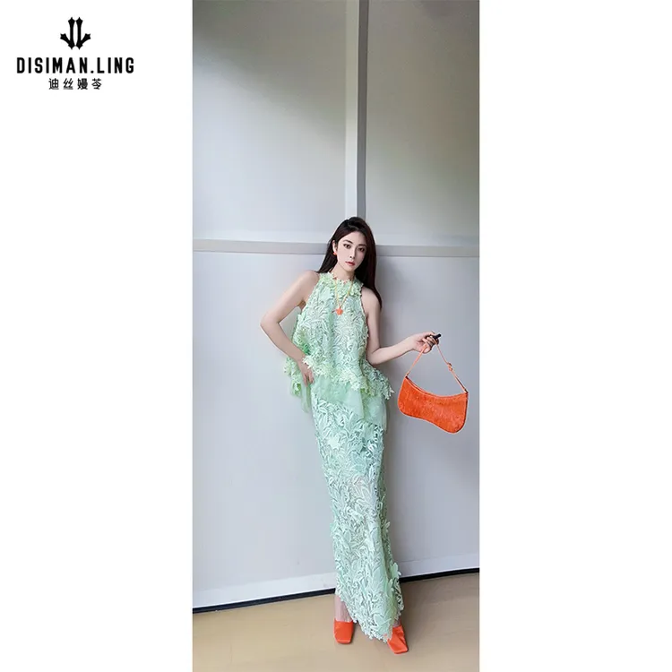 迪丝嫚苓绿色蕾丝二件套蕾丝气质轻奢时尚女士优雅提花小众设计感