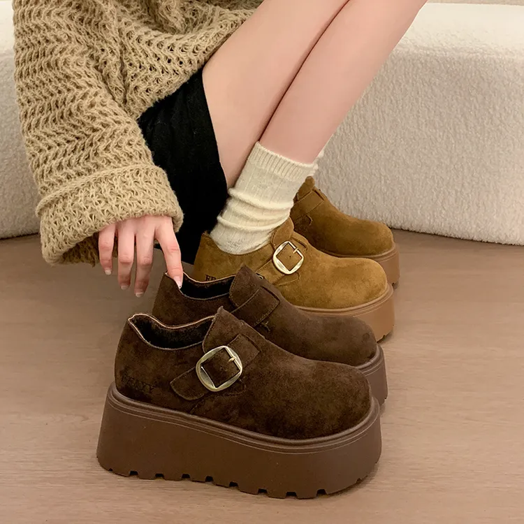小个子8cm增高厚底勃肯鞋女2025秋冬新款大头百搭乐福鞋加绒单鞋
