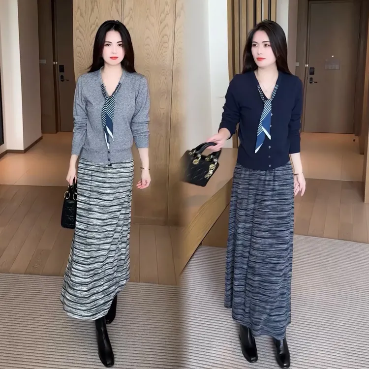 2025新款薄款宽松显瘦秋装丝巾领上衣女针织开衫半身裙两件套