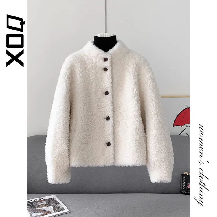 XOQ官方2025年秋冬新款羊羔毛皮毛一体外套立领保暖短款毛绒大衣