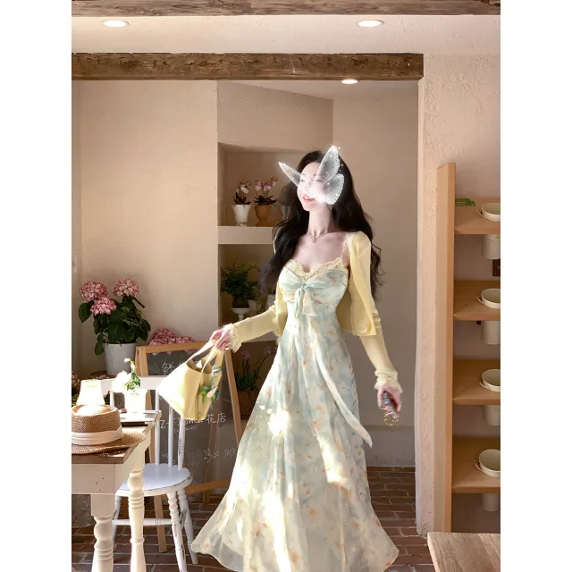 Sun雅乔【小确幸】两个版本夏季田园风碎花A字裙短袖吊带连衣长裙