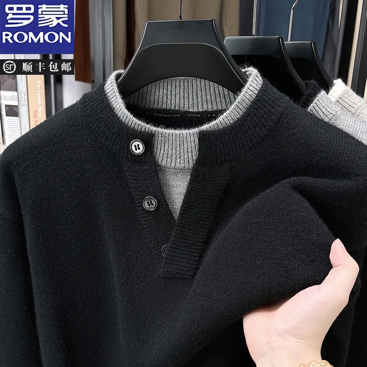 罗蒙假两件套头毛衣男2025秋冬季新款时尚商务休闲内搭针织打底衫